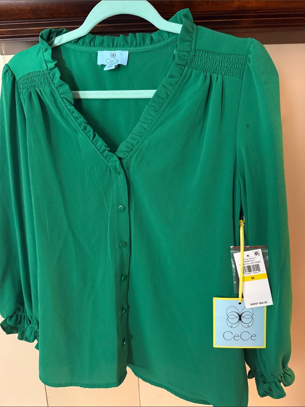 CeCe Emerald Green Ruffle-Trim Button Blouse